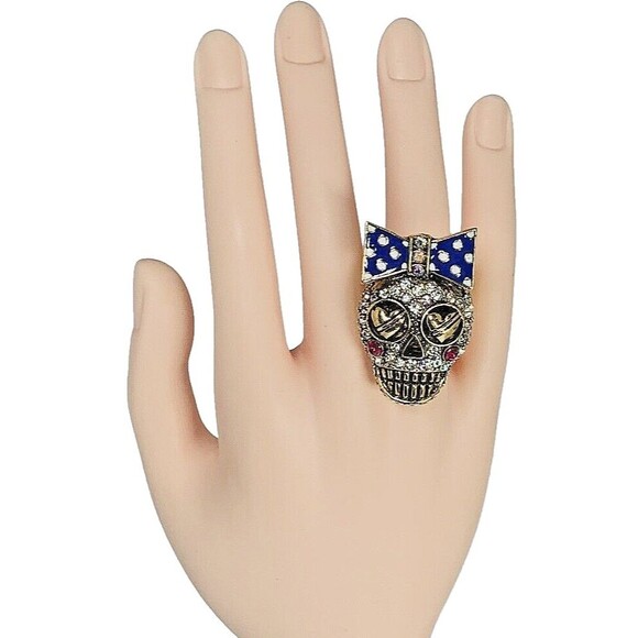 Betsey Johnson Sugar Skull Ring Sz 7 Crystal Stretch Ivy League Polka Dot - Picture 4 of 14